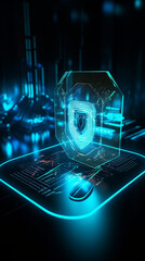 A futuristic, holographic shield coming out of a computer system