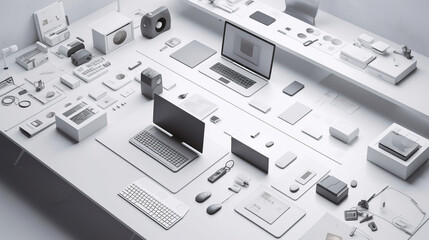 A mobile device management scene, set in a minimalist, modern office space, the devices arranged neatly on a clean, white desk