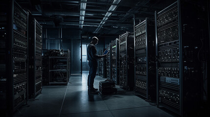A modern IT server room, with racks of computer hardware glowing with LED lights, cables and wires, a technician working on a server