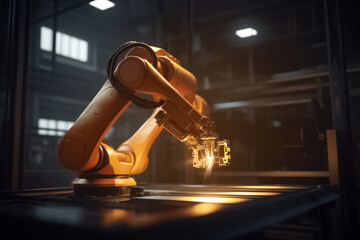 Orange robot arm performs welding work in manufacturing industry. Innovation automation welding robotic arm machine for industrial. Generative AI
