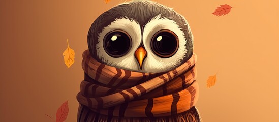 Naklejka premium Cartoon character owl in a scarf, isolated in the background. Autumn leaves. Panoramic Generative AI illustration.