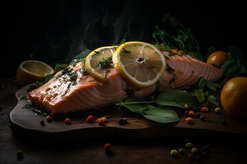 Fototapeta na wymiar Herb-garnished salmon with lemon wedges. Generative AI