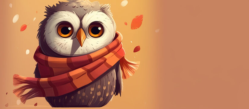 Cartoon character owl in a scarf, isolated in the background. Autumn leaves. Panoramic Generative AI illustration.
