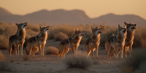 Fototapeta na wymiar A pack of coyotes howling in the desert at dusk, concept of Wilderness communication, created with Generative AI technology