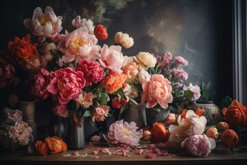 Peony-filled watercolor corner bursting with loose flowers. Generative AI