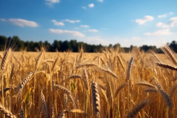 Wheat field in summer. Wheat ear close up, blur rye field  and blue sky background. Generative AI
