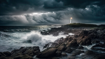 Lighthouse In Stormy Landscape - Leader And Vision Concept