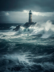 Fototapeta na wymiar Lighthouse In Stormy Landscape - Leader And Vision Concept