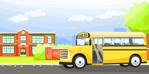 Yellow school bus on road in suburb district of American city. Cartoon style poster with bus for pupils. Back to school after summer holidays. Green lawn, blue sky on background. Vector illustration