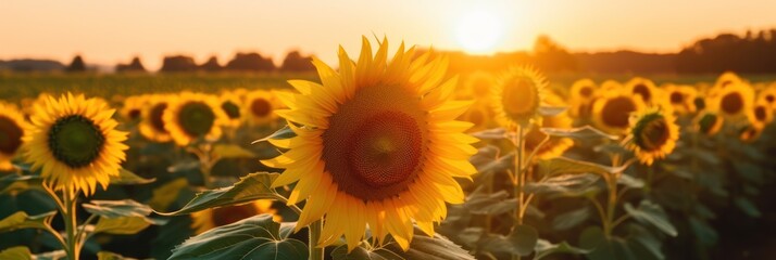 Sunflower close up, blur field of sunflowers and sunset sky background, Summer. Generative AI