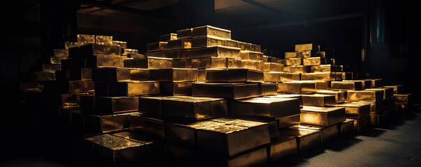Federal gold resereve, or stashed away gold some where from from WWI or WWII. Gold ingots stacked in a safe ware house or vault. generative AI.
