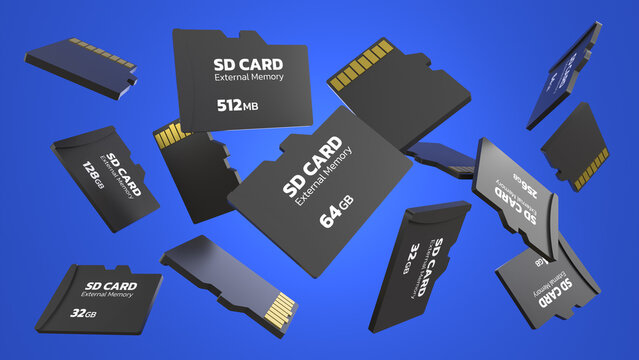 SD Card Storage splashed down and isolated on blue background. 3d renders. 3d backgrounds