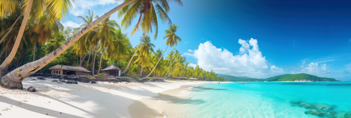 Fototapeta na wymiar Tropical sandy beach, summer holidays, turquoise sea water and palm trees, Generative AI