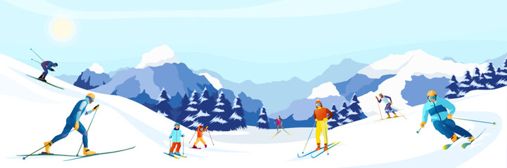 Winter mountain landscape with many different skiers. Family with kids sliding on skis in Alps. Blue sky, peaks of rocks on background. Winter sport activities at ski resort. Flat Vector illustration - obrazy, fototapety, plakaty