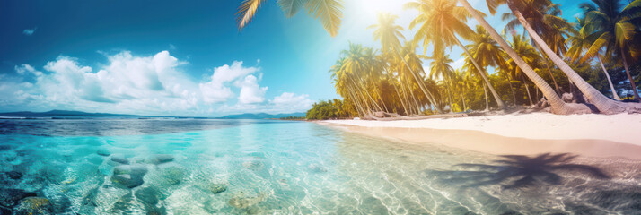 Obraz na płótnie Canvas Tropical sandy beach, summer holidays, turquoise sea water and palm trees, Generative AI