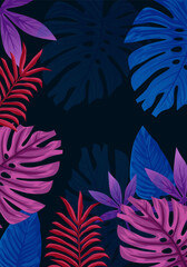 Fototapeta na wymiar Tropical gradient violet and blue leaves copy space