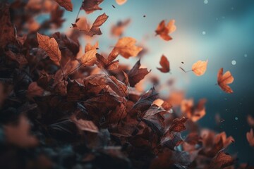 Autumn leaves on wallpaper blowing in the wind against a dusk sky with copy-space. Generative AI