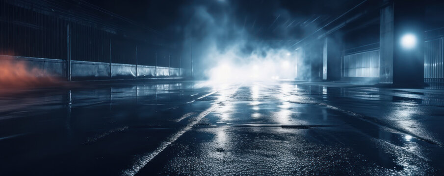 Midnight road or alley with car headlights pointed this way. Wet, hazy asphalt road with construction metal fences on both sides. drag race, crime, midnight activity concept. generative AI.     