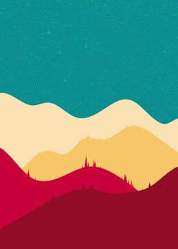 Beautiful landscape. Flat style. Colorful hills and mountains scenery background design. Vector illustration. Suitable for landing pages, web, wall painting and posters.
