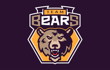 Sports logo with bear mascot. Colorful sport emblem with bear, grizzly mascot and bold font on shield background. Logo for esport team, athletic club, college team. Isolated vector illustration