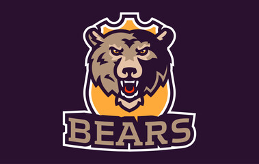 Sports logo with bear mascot. Colorful sport emblem with bear, grizzly mascot and bold font on shield background. Logo for esport team, athletic club, college team. Isolated vector illustration