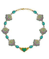 Jewelry design art vintage mix gems and turquoise necklace. Hand drawing and painting on paper.