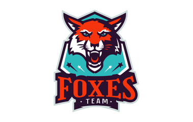 Sports logo with fox mascot. Colorful sport emblem with fox mascot and bold font on shield background. Logo for esport team, athletic club, college team. Isolated vector illustration