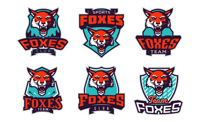 Fototapeta na wymiar Set of sports logos with fox mascots. Colorful collection sports emblem with fox mascot and bold font on shield background. Logo for esport team, athletic club. Isolated vector illustration