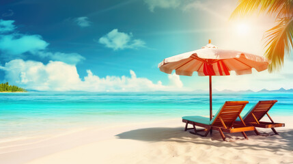 Tropical paradise beach with a sun-lounger facing the blue sea