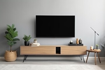 Television put on tv stand wood table, in minimal empty spave room background white wall AI Generative