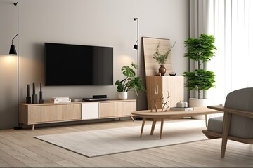 Television put on tv stand wood table, in minimal empty spave room background white wall AI Generative