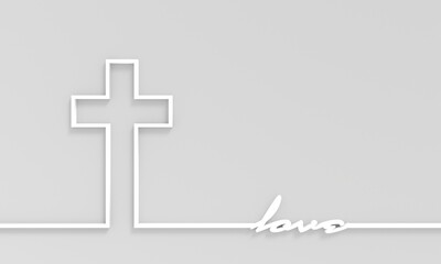 Obraz premium Christianity concept illustration. Cross and love word. Thin line style. 3D render