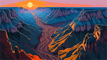 Colorful sunset over the Grand Canyon. Vector illustration.
