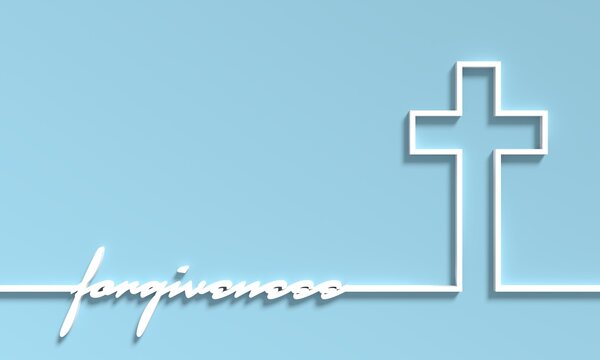 Christianity concept illustration. Cross and forgiveness word. Thin line style. 3D render