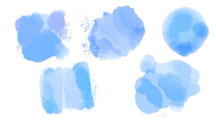 A set of watercolor colored spots. Blue water spots on a white background.