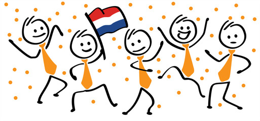 Business stickman waving withe the netherlands flag, traditional festival on april. Holland, King's Day or Queen's Day. Stick figures with orange necktie and clothing. Vector dutch party sign. Orange