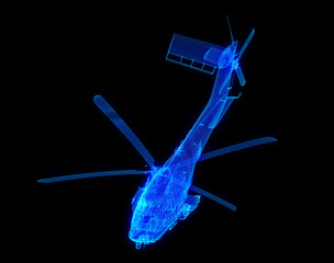 Fototapeta na wymiar Glowing blue light 3d model helicopter with lines, dots and particles