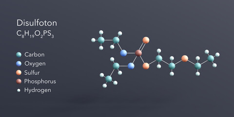 disulfoton molecule 3d rendering, flat molecular structure with chemical formula and atoms color coding