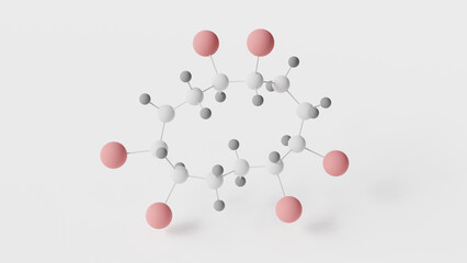 hexabromocyclododecane molecule 3d, molecular structure, ball and stick model, structural chemical formula brominated flame retardant