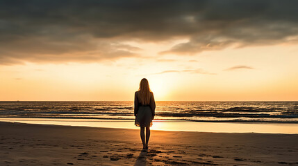 Fototapeta na wymiar Silhouette of Young Woman Walking Alone on a Beach at Sunset, Generative AI