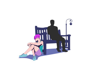 Sport fashion woman outline in urban casual style sit near park bench. Male silhouette. Broken relationships concept