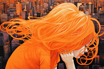Fototapeta na wymiar Bold illustration of a young woman in the city with large orange hair.
