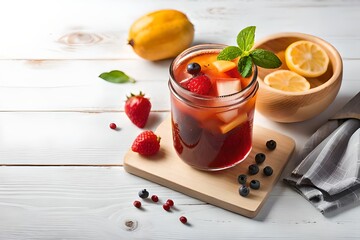 Composition with glass of healthy mixed fruit 