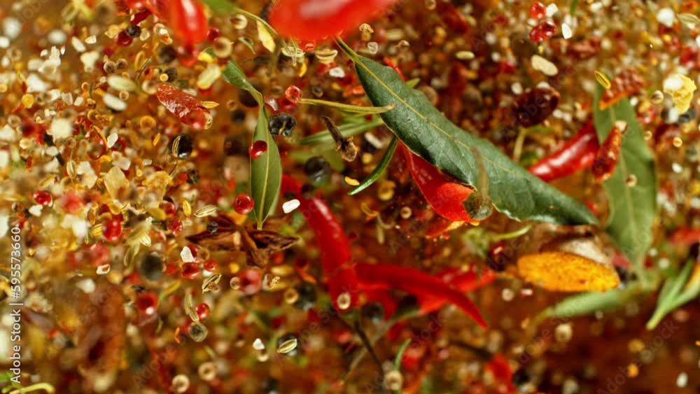 Poster super slow motion of rotating spices mix on black background. filmed on high speed cinema camera, 10