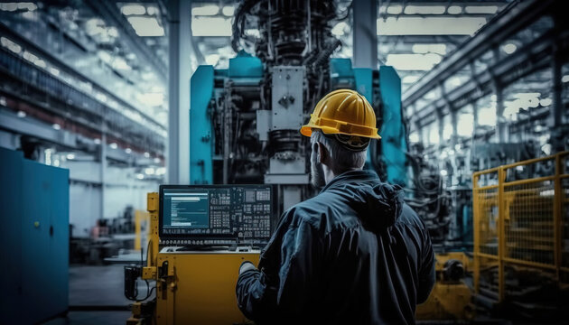 Engineer in a modern factory. Industry 4.0 machine maintenance. generative AI	
