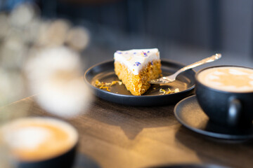 Cake and coffee in a fancy cafe