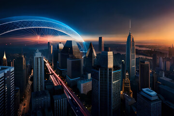 A scene depicting the connections between the city center and towering skyscrapers at dusk portrays a modern age.