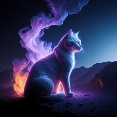 Neon white cat made of smoke. Generative AI	 