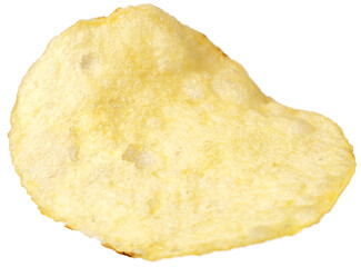 Single potato chip isolated on white background.