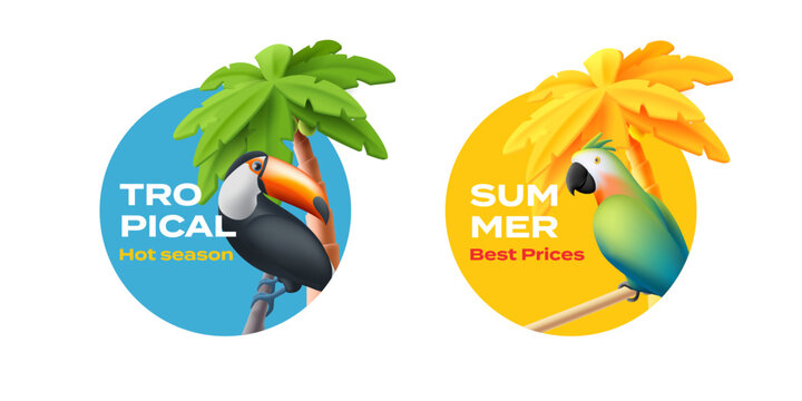 Set of labels with toucan and parrot bird, tropical palm tree in circle shape, 3d cartoon illustration, season tag element